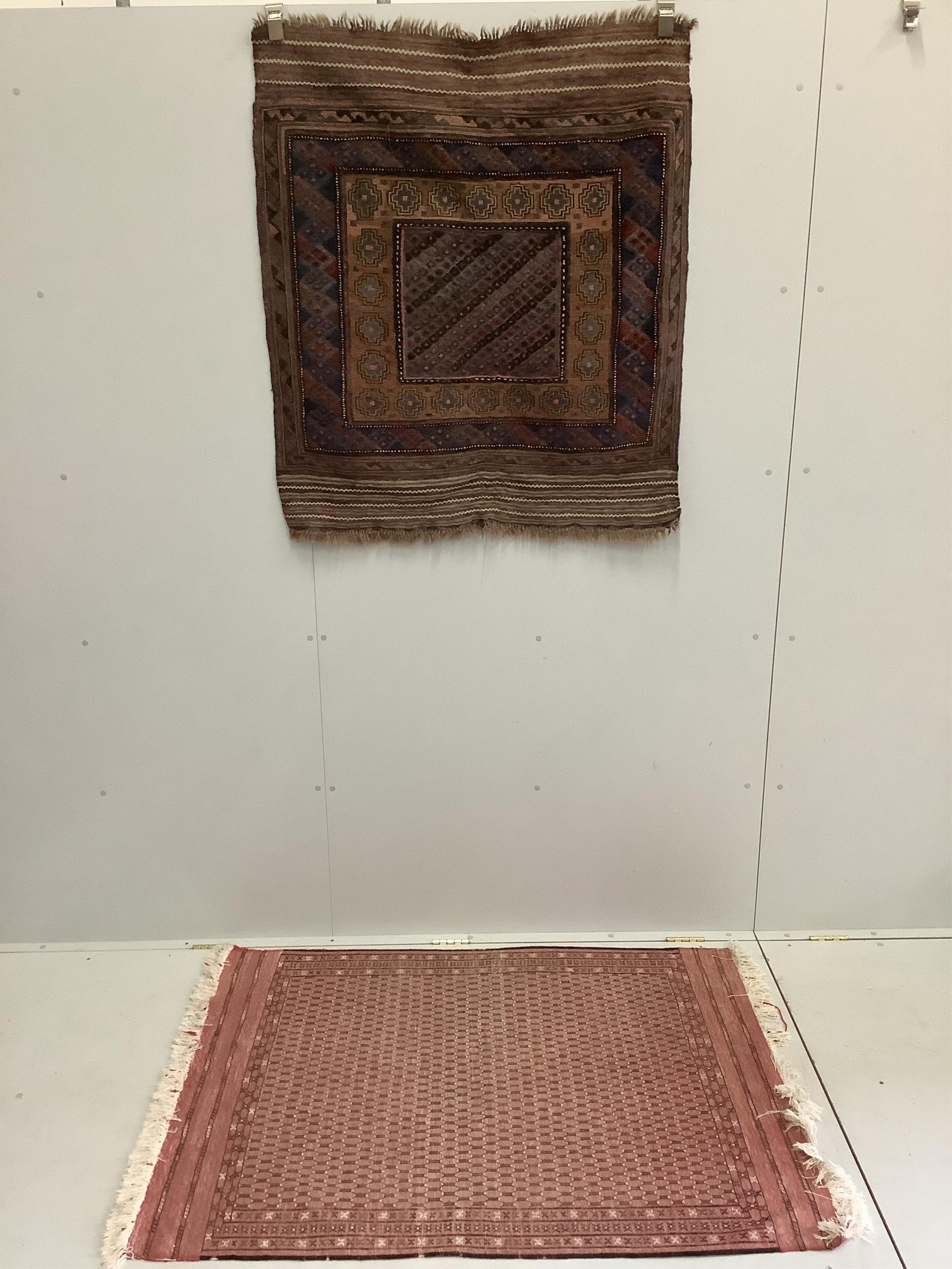 An antique Caucasian rug, Belouch mat and one other, largest 180 x 120cm. Condition - poor to good